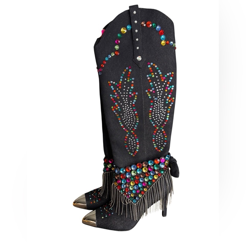 Gianni Bini Kaitrin Rainbow Rhinestone Fringe Bandana Boots Black Denim SZ 6.5